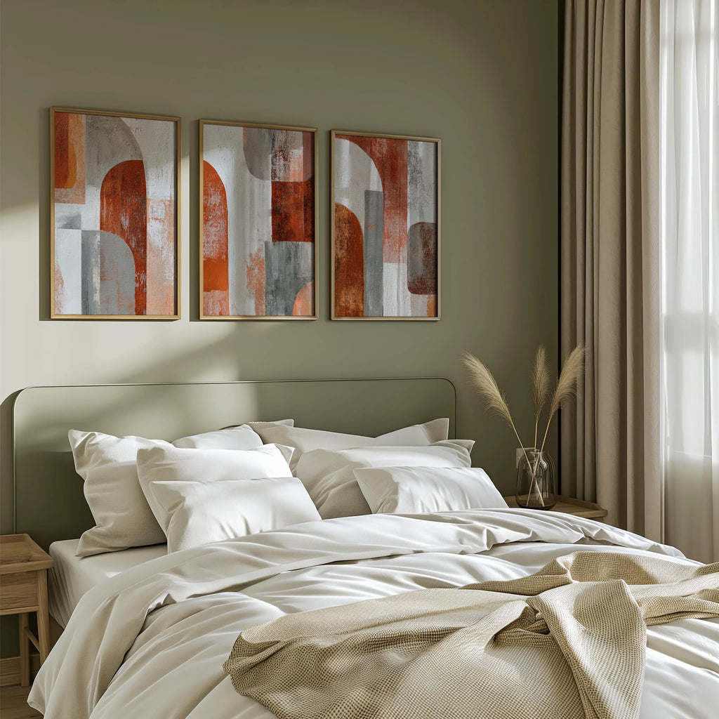 Abstract geometric wall art set of 3 – rust orange gray earth tone decor