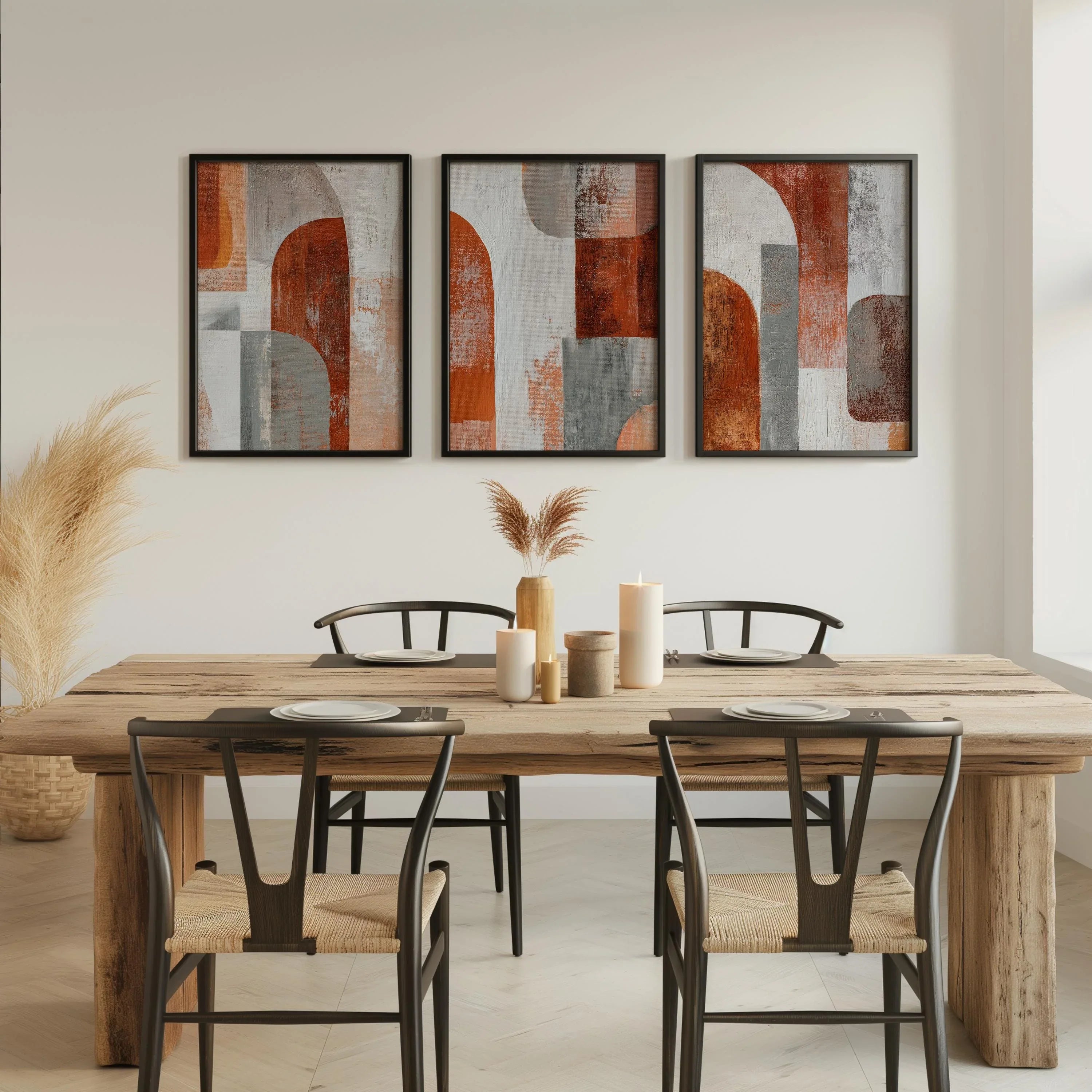 Abstract geometric wall art set of 3 – rust orange gray earth tone decor