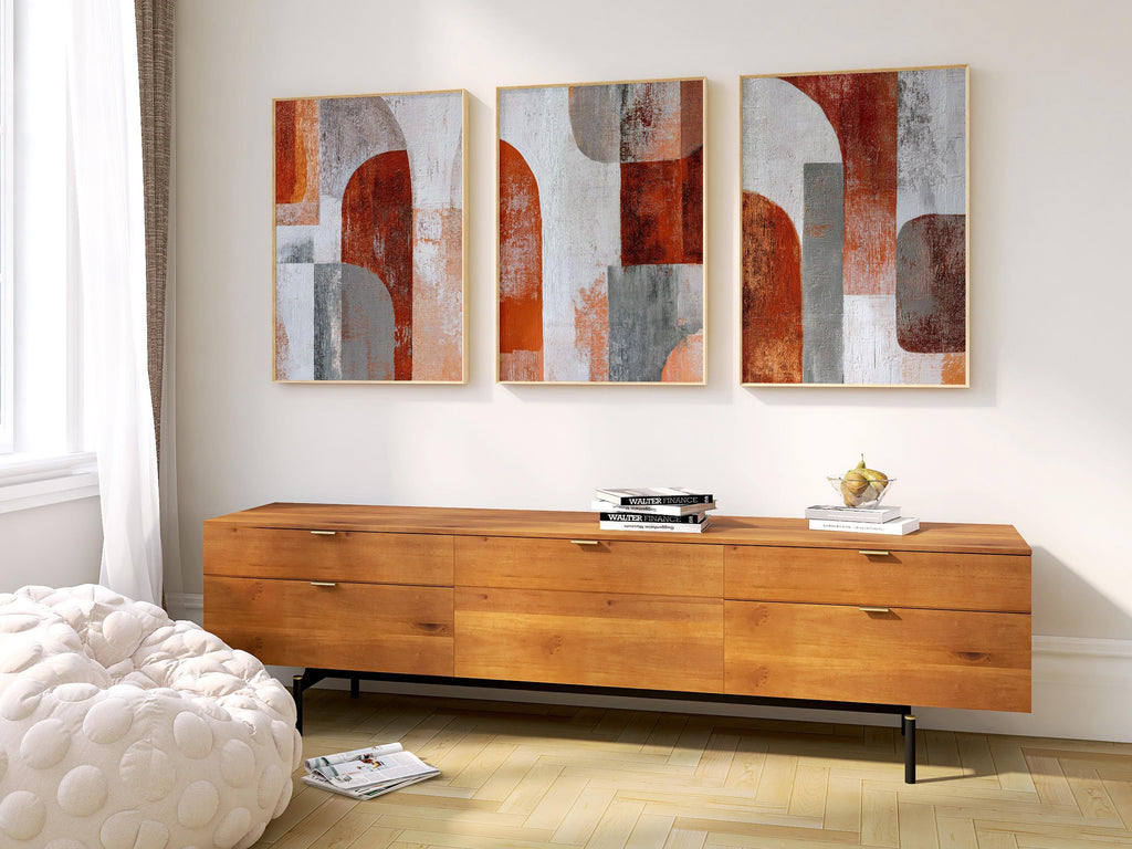 Abstract geometric wall art set of 3 – rust orange gray earth tone decor