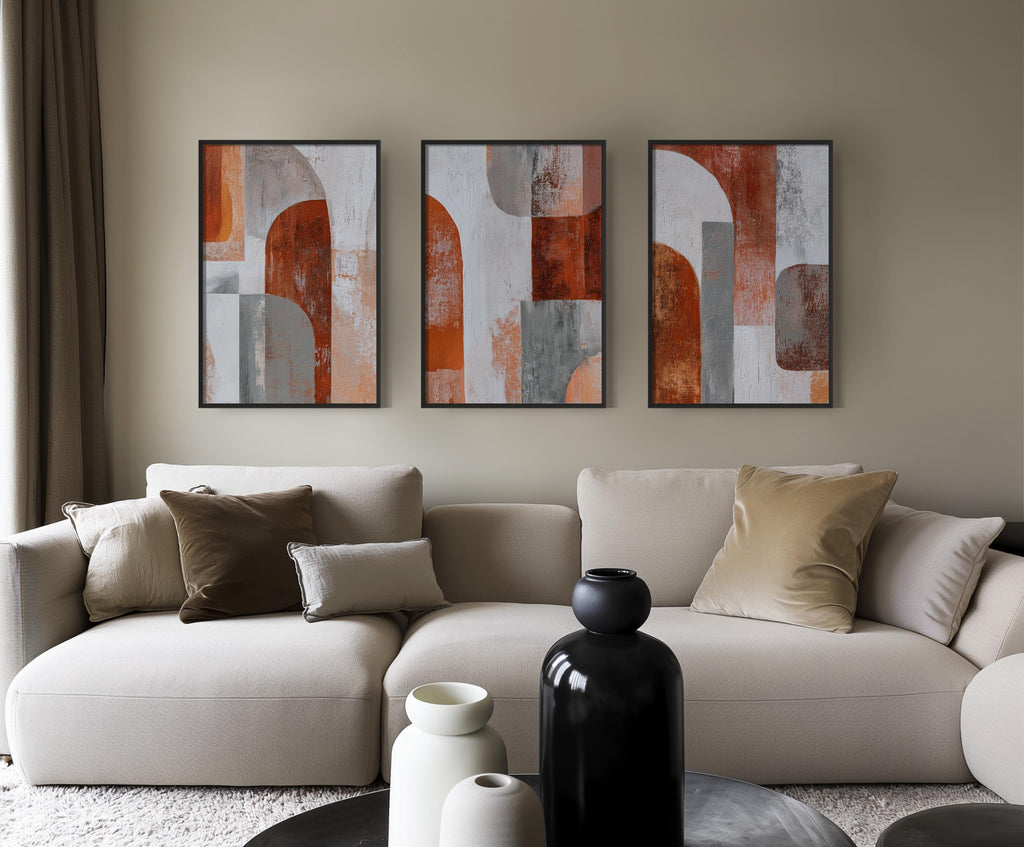Abstract geometric wall art set of 3 – rust orange gray earth tone decor