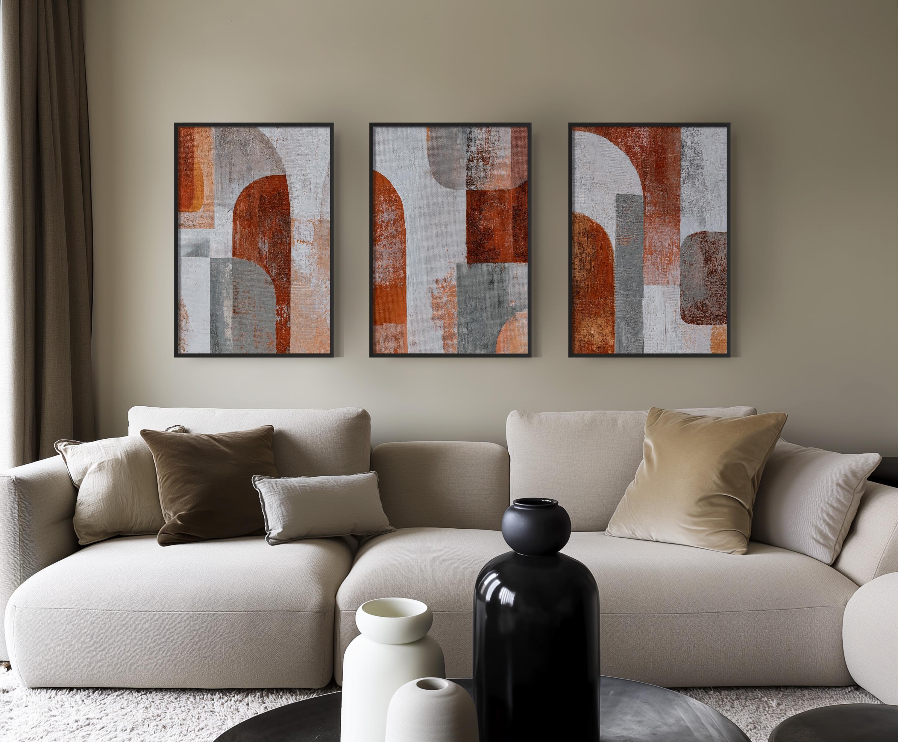 Abstract geometric wall art set of 3 – rust orange gray earth tone decor