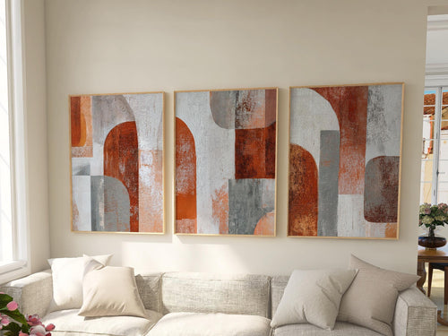 Abstract geometric wall art set of 3 – rust orange gray earth tone decor