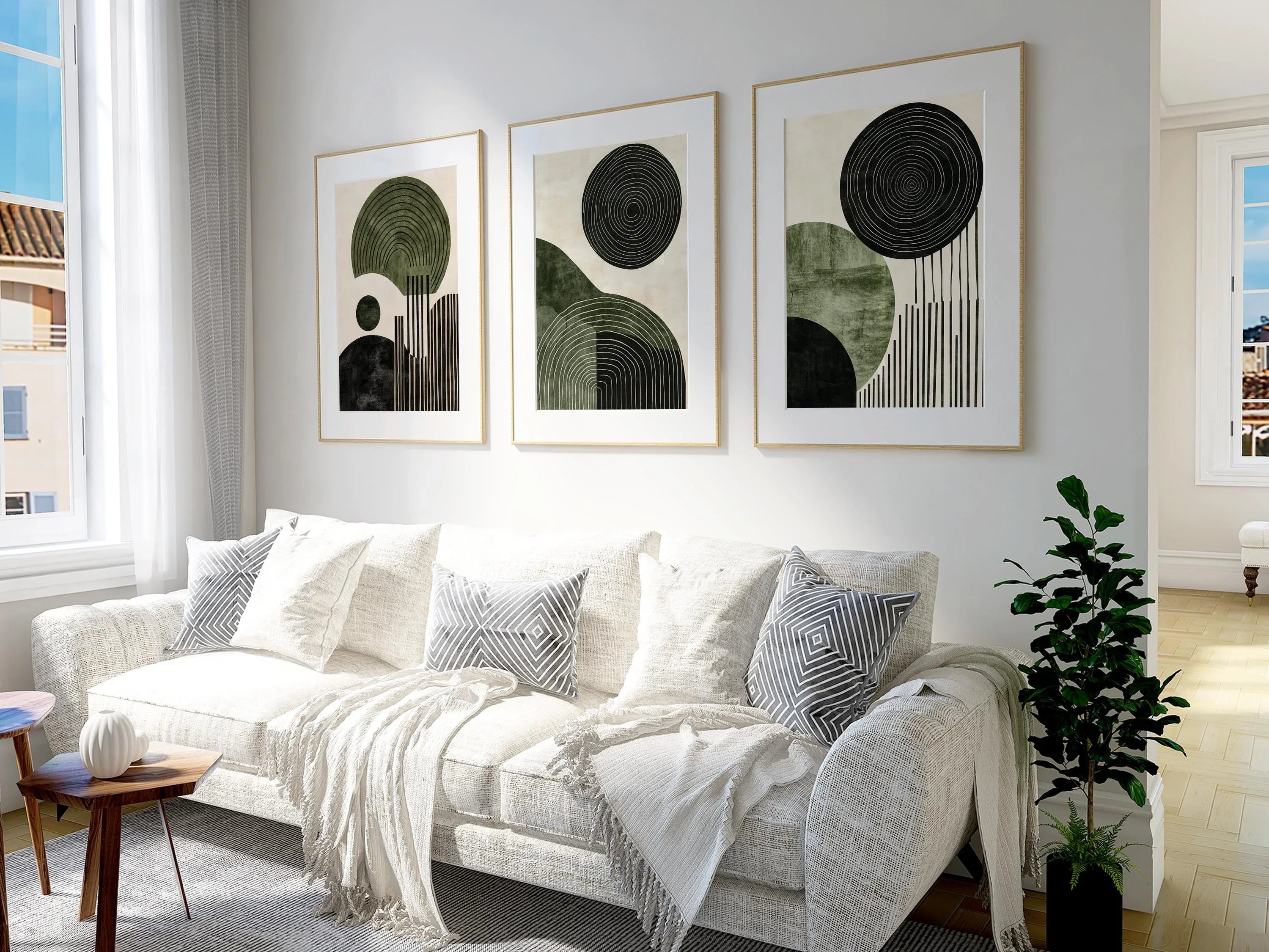 Abstract green and black wall art triptych – geometric circular pattern decor