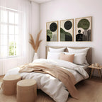 Abstract green and black wall art triptych – geometric circular pattern decor