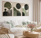 Abstract green and black wall art triptych – geometric circular pattern decor