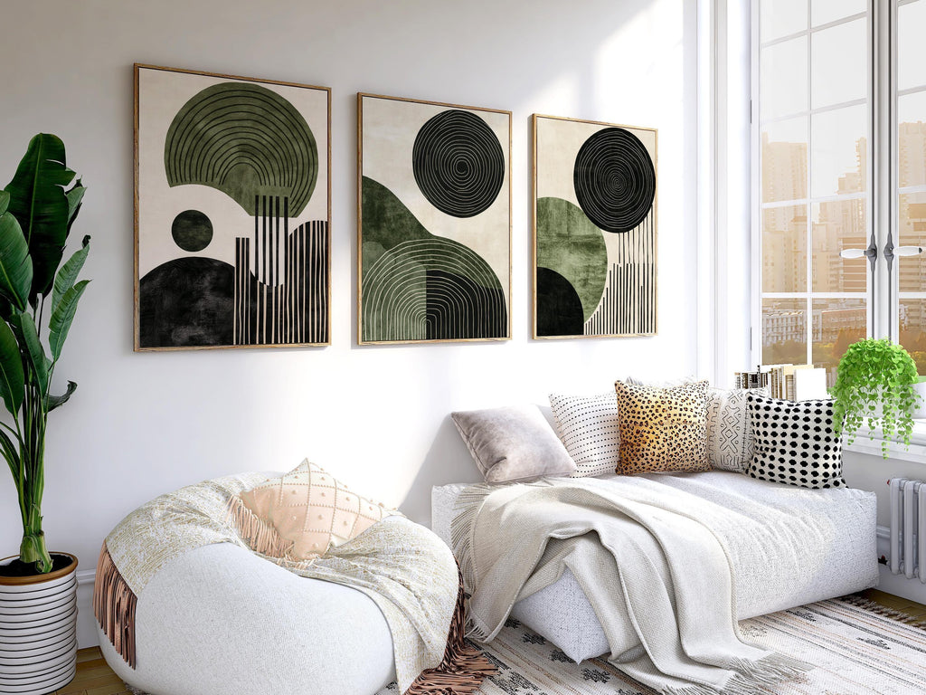 Abstract green and black wall art triptych – geometric circular pattern decor