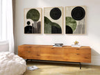 Abstract green and black wall art triptych – geometric circular pattern decor