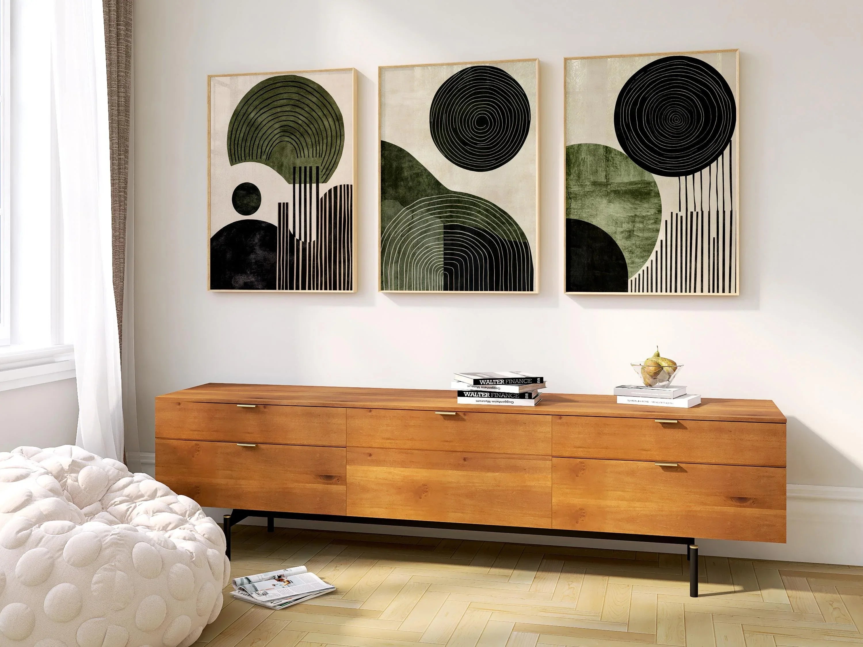 Abstract green and black wall art triptych – geometric circular pattern decor