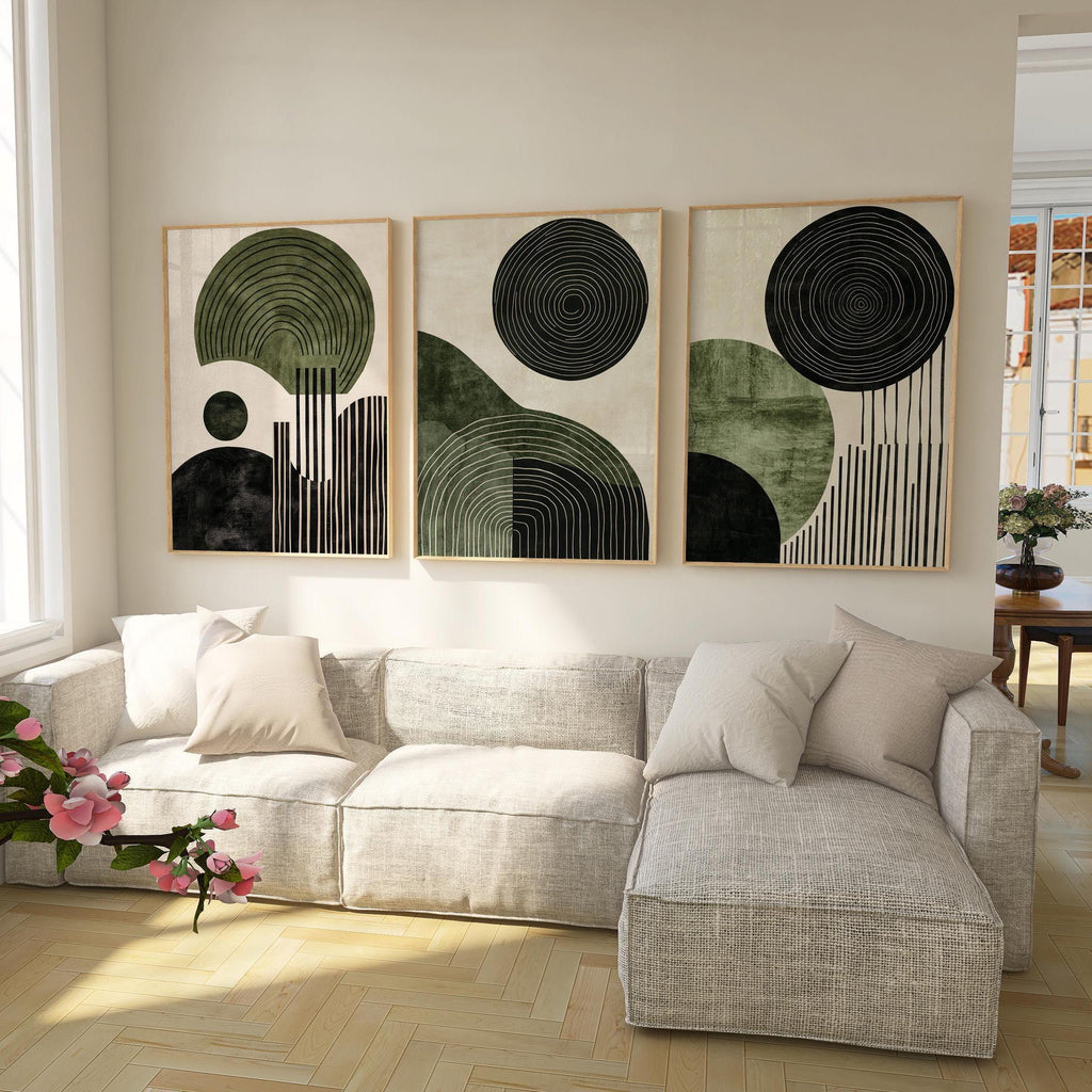 Abstract green and black wall art triptych – geometric circular pattern decor