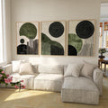 Abstract green and black wall art triptych – geometric circular pattern decor