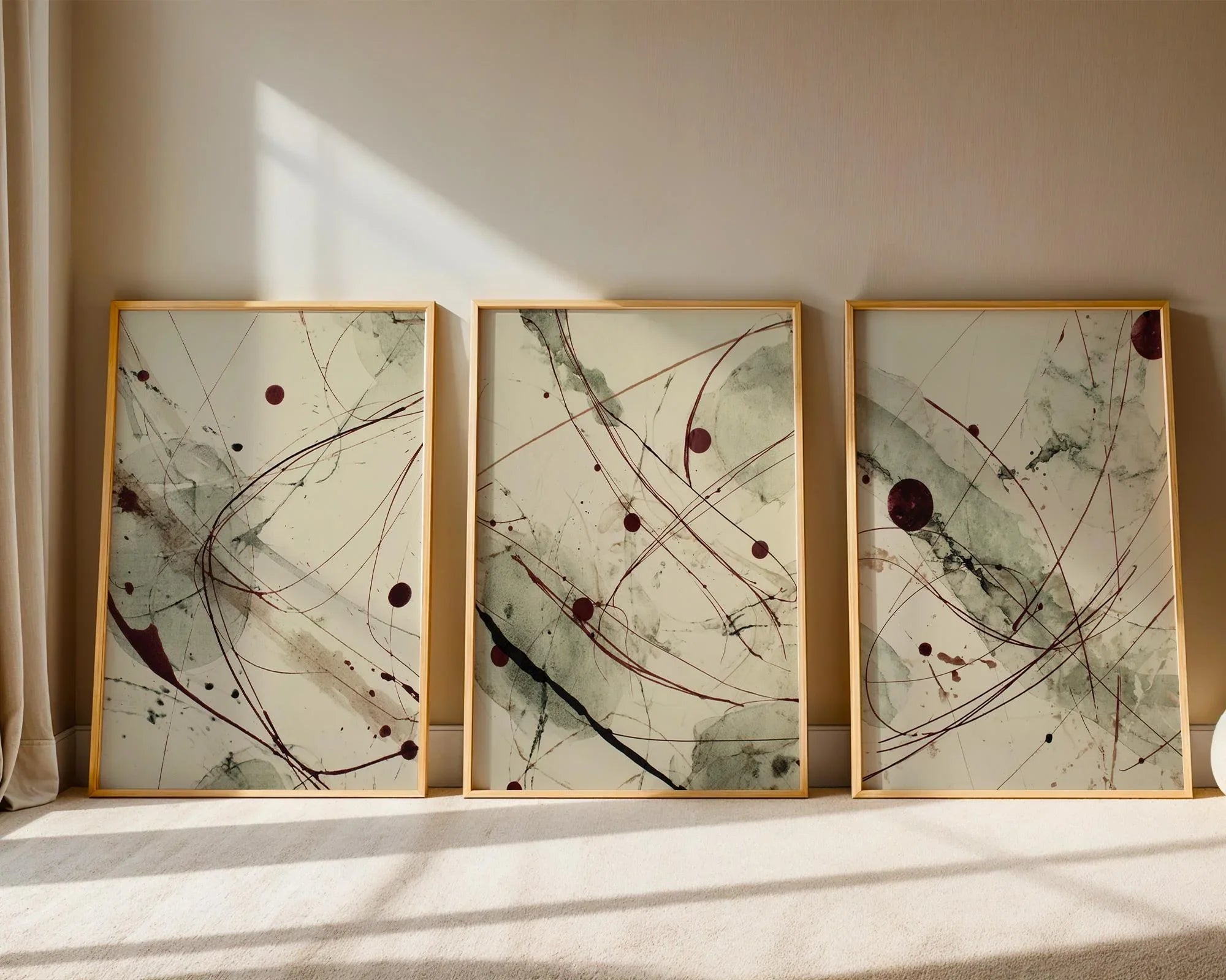 Abstract line wall art set of 3 – sage green burgundy ink splatter decor