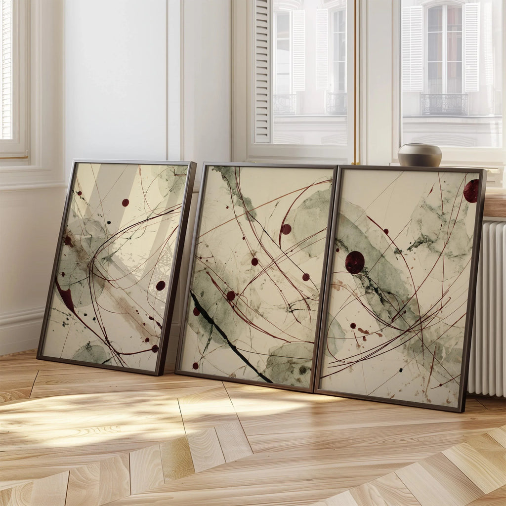 Abstract line wall art set of 3 – sage green burgundy ink splatter decor