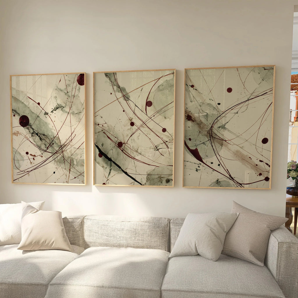 Abstract line wall art set of 3 – sage green burgundy ink splatter decor