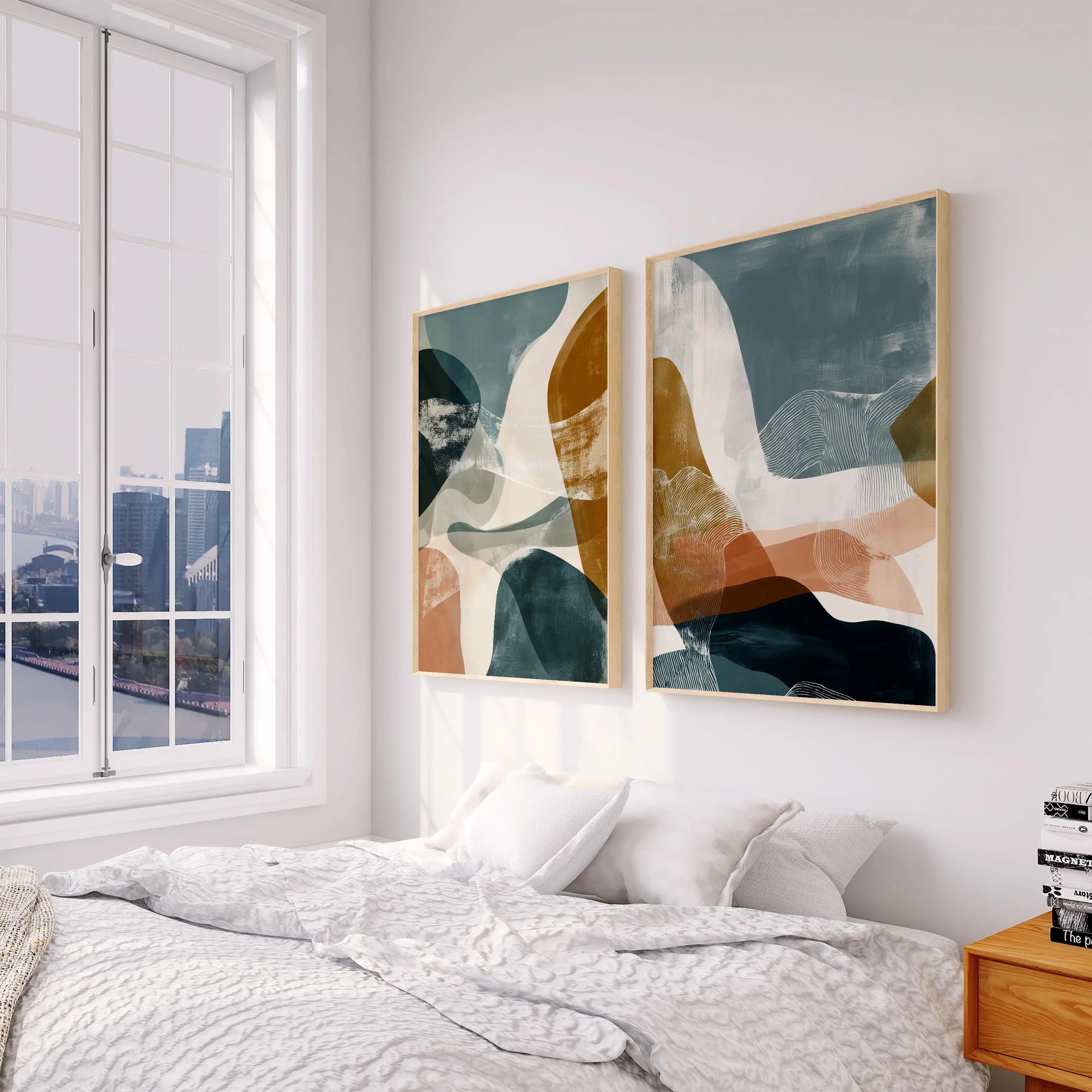 Abstract modern wall art set of 2 – organic shapes jewel tones contemporary