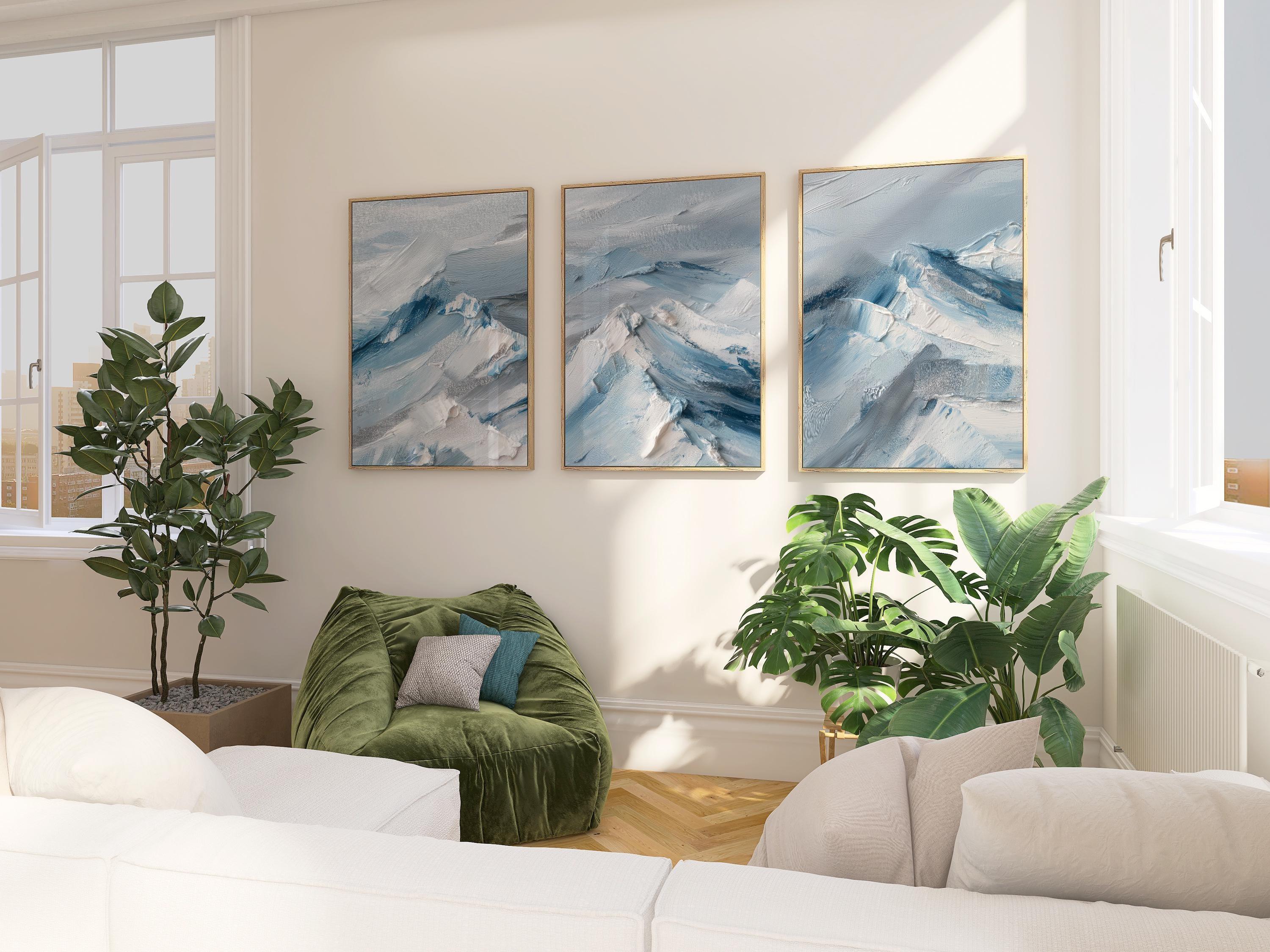Abstract mountain landscape wall art triptych – blue white winter decor