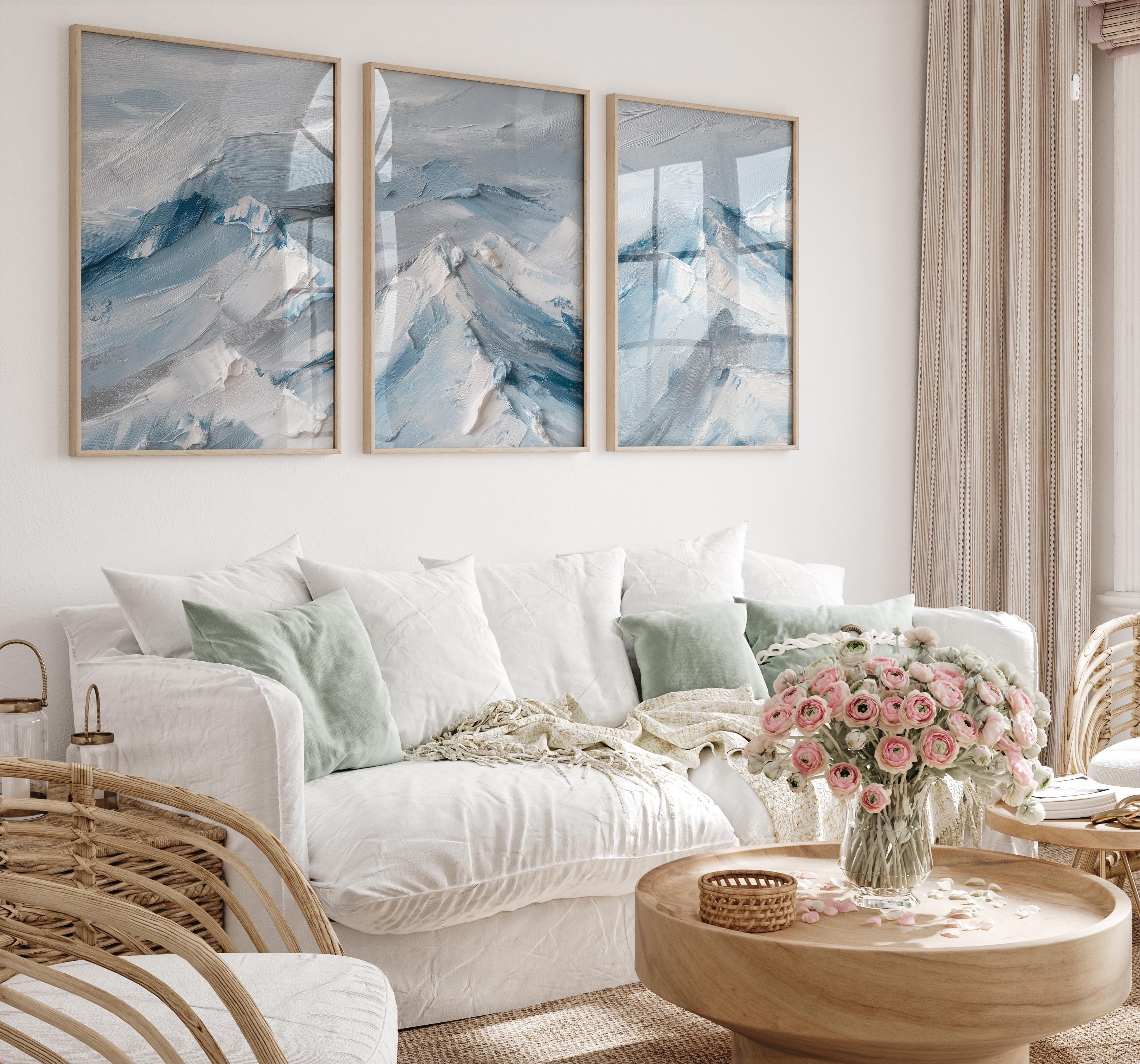 Abstract mountain landscape wall art triptych – blue white winter decor