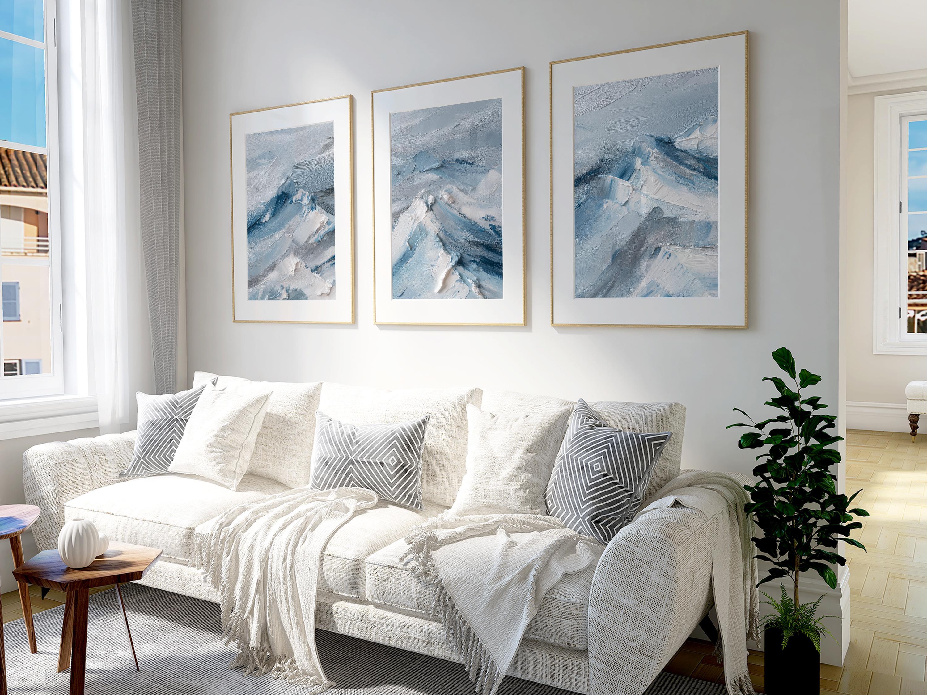 Abstract mountain landscape wall art triptych – blue white winter decor