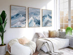 Abstract mountain landscape wall art triptych – blue white winter decor