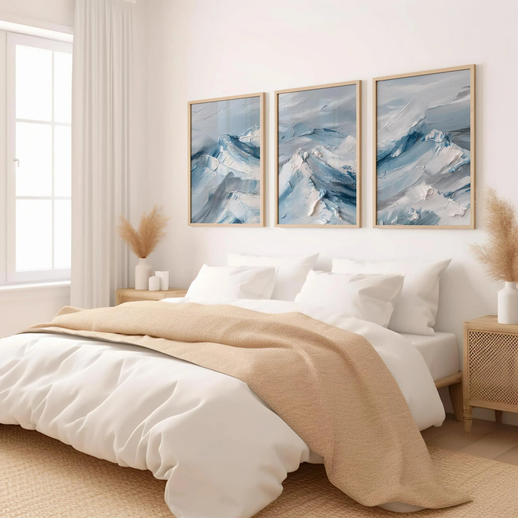 Abstract mountain landscape wall art triptych – blue white winter decor