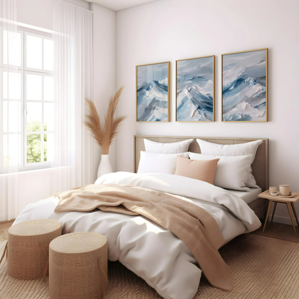 Abstract mountain landscape wall art triptych – blue white winter decor