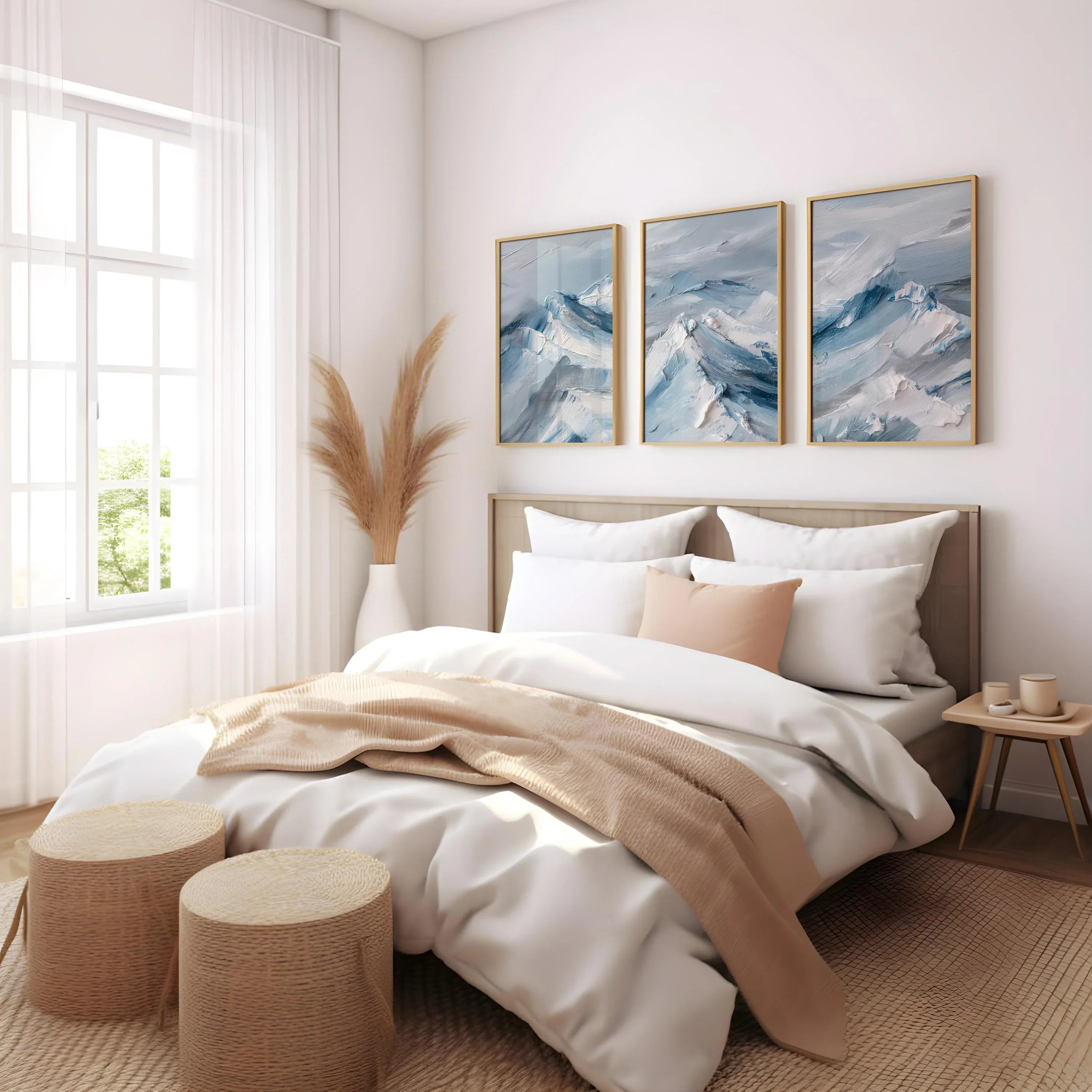 Abstract mountain landscape wall art triptych – blue white winter decor