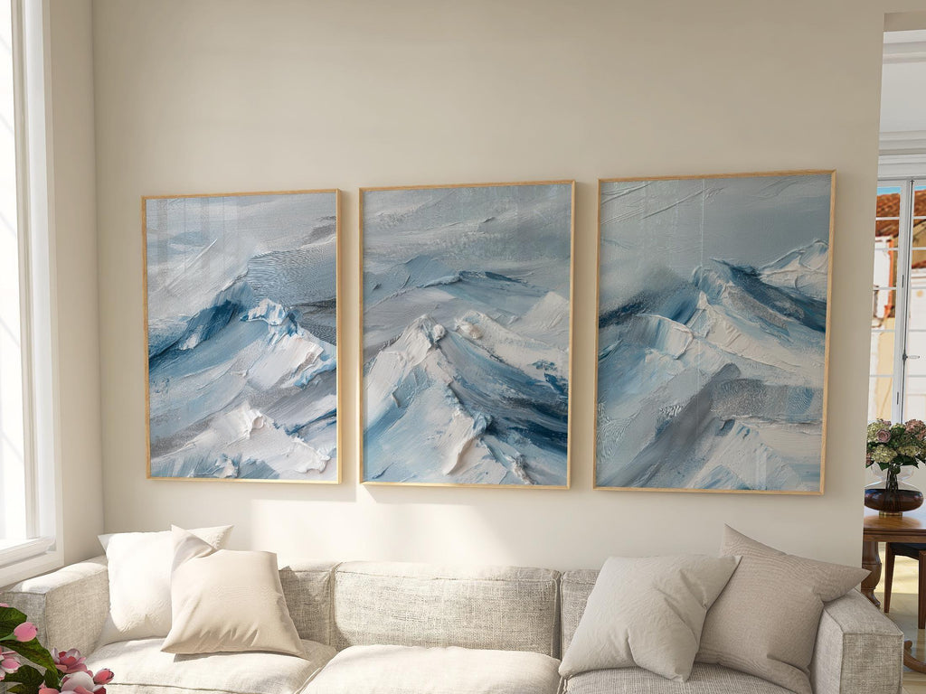 Abstract mountain landscape wall art triptych – blue white winter decor
