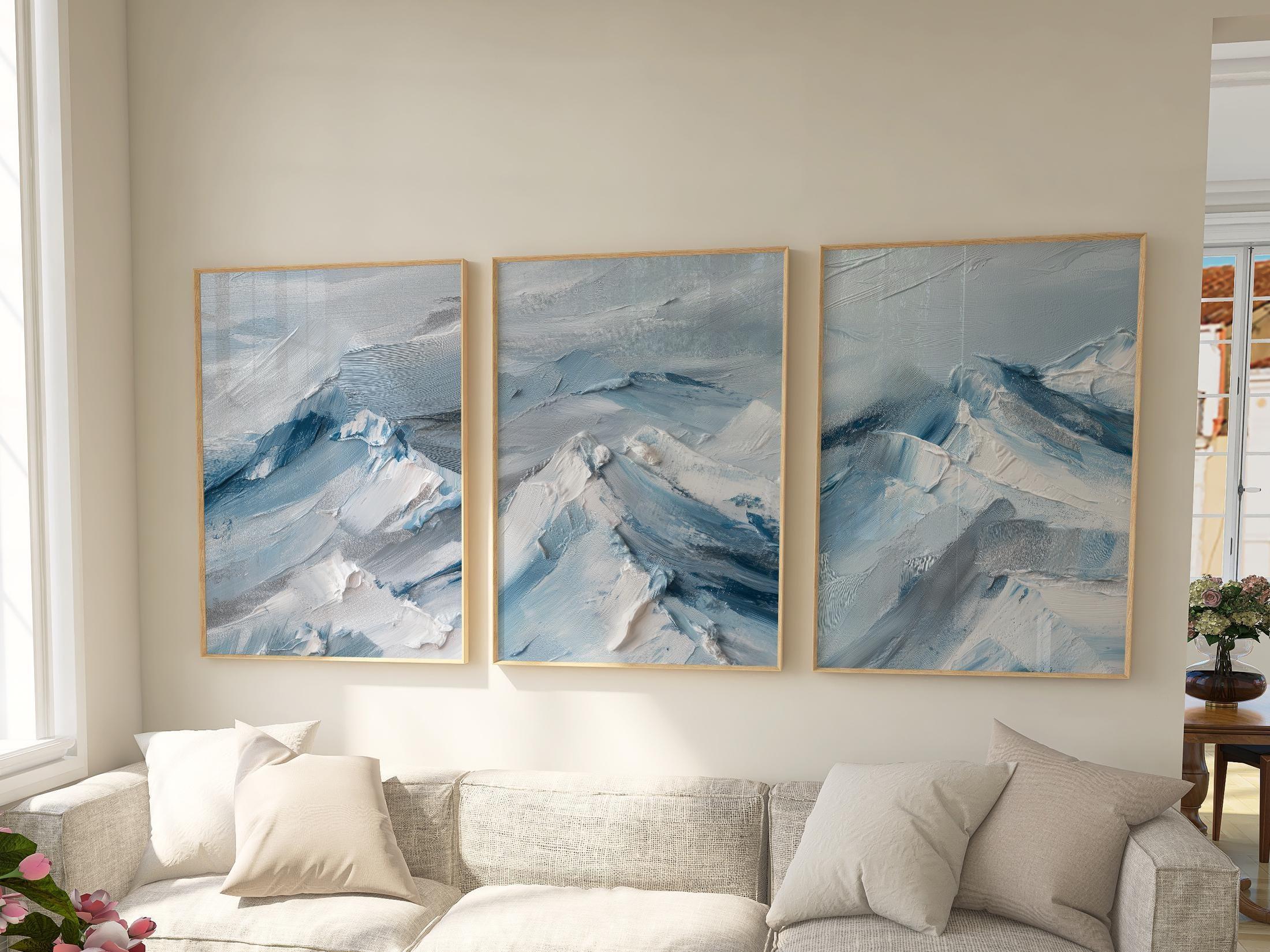 Abstract mountain landscape wall art triptych – blue white winter decor