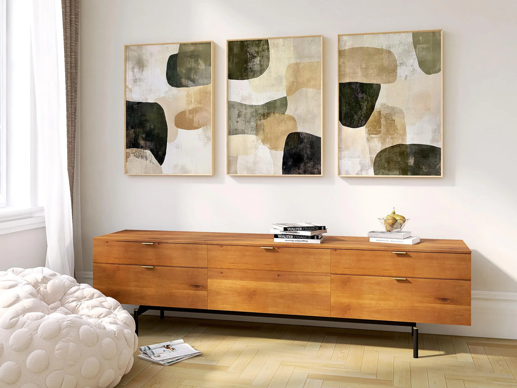 Abstract olive green wall art triptych – modern textured earthy organic decor