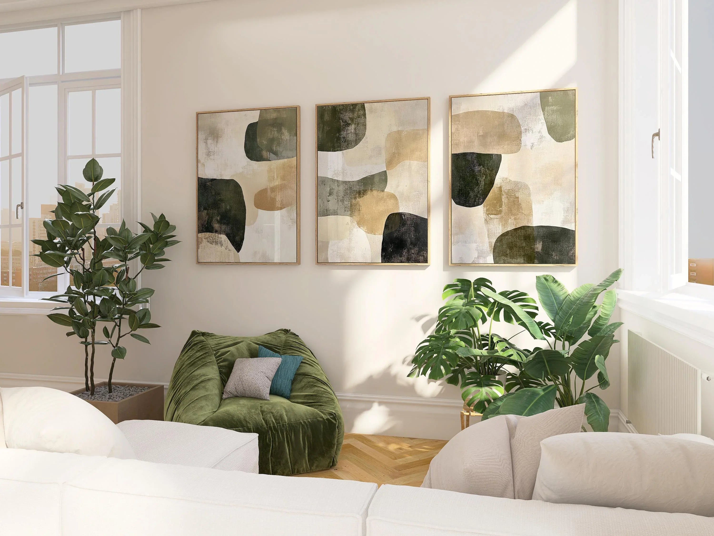 Abstract olive green wall art triptych – modern textured earthy organic decor