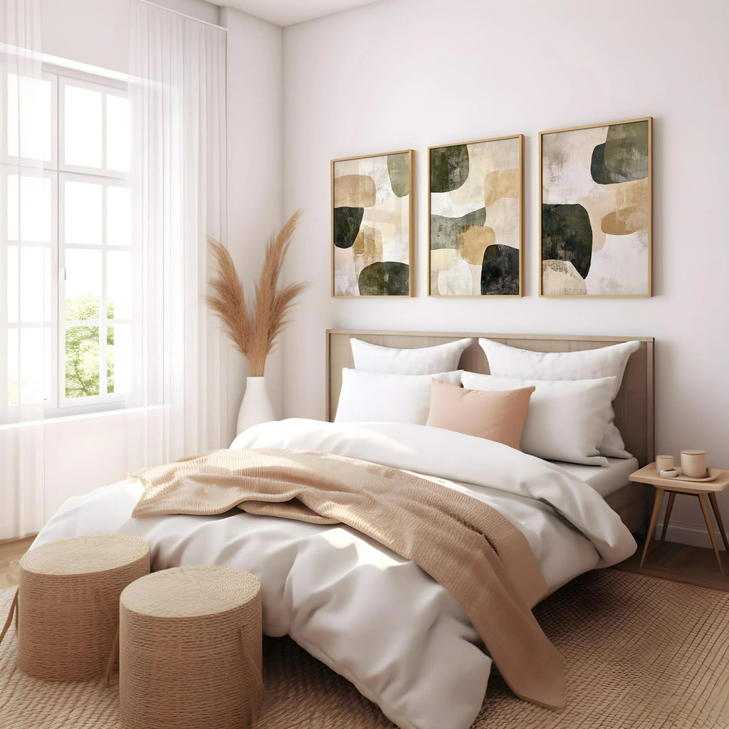 Abstract olive green wall art triptych – modern textured earthy organic decor