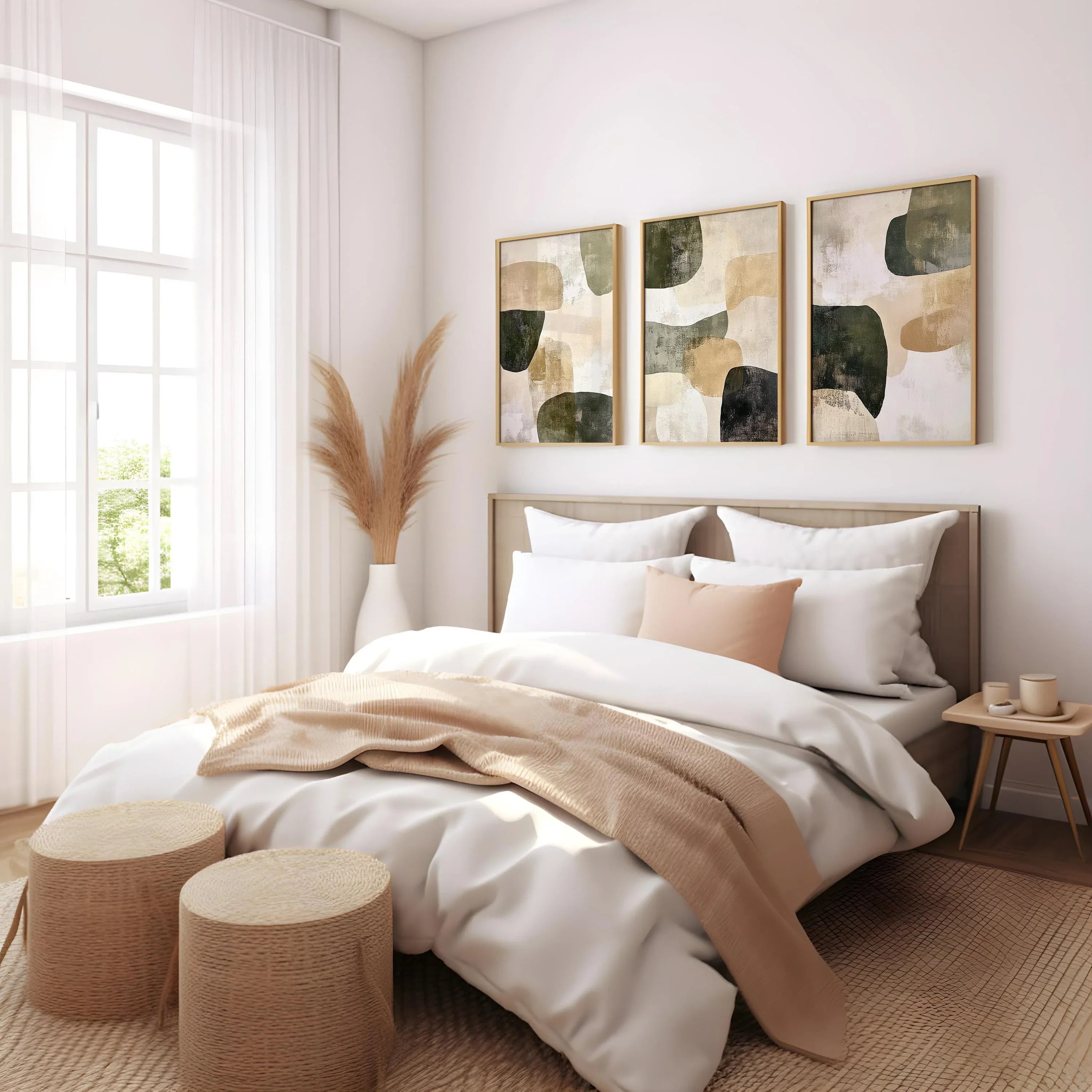 Abstract olive green wall art triptych – modern textured earthy organic decor