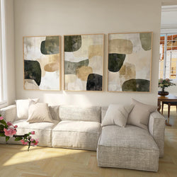 Abstract olive green wall art triptych – modern textured earthy organic decor