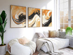 Abstract swirl wall art triptych – black and burnt orange dramatic decor