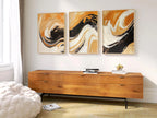 Abstract swirl wall art triptych – black and burnt orange dramatic decor