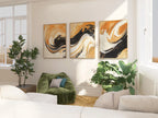 Abstract swirl wall art triptych – black and burnt orange dramatic decor