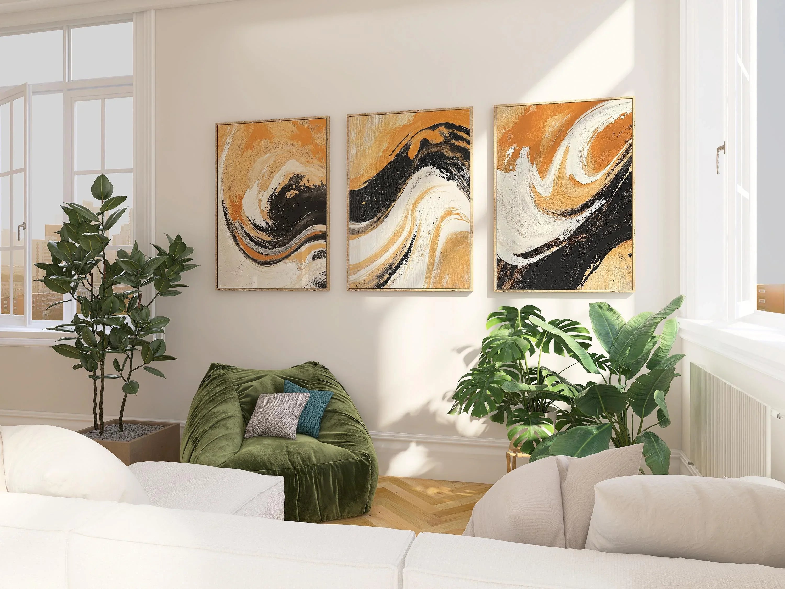 Abstract swirl wall art triptych – black and burnt orange dramatic decor