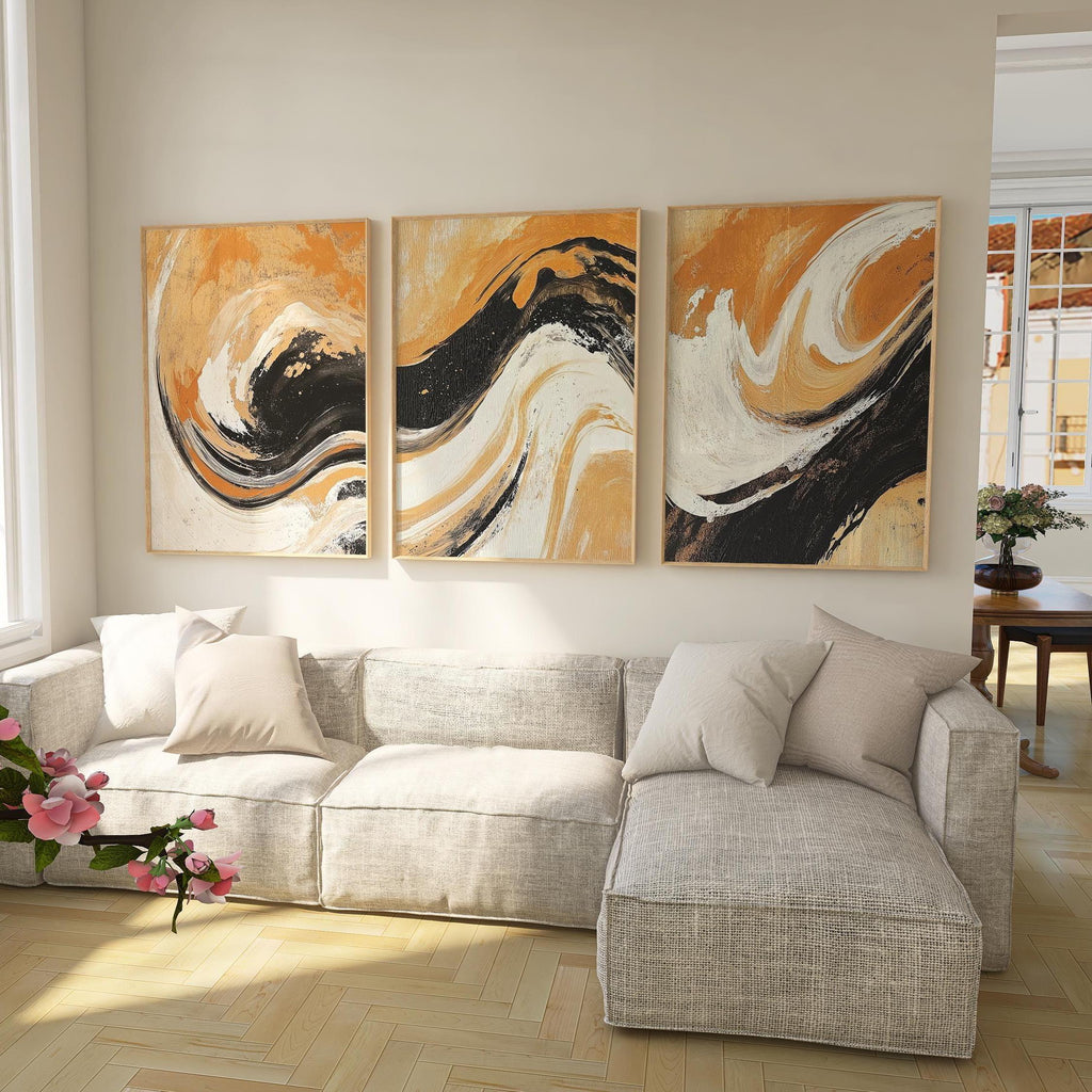 Abstract swirl wall art triptych – black and burnt orange dramatic decor