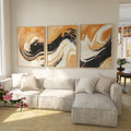 Abstract swirl wall art triptych – black and burnt orange dramatic decor