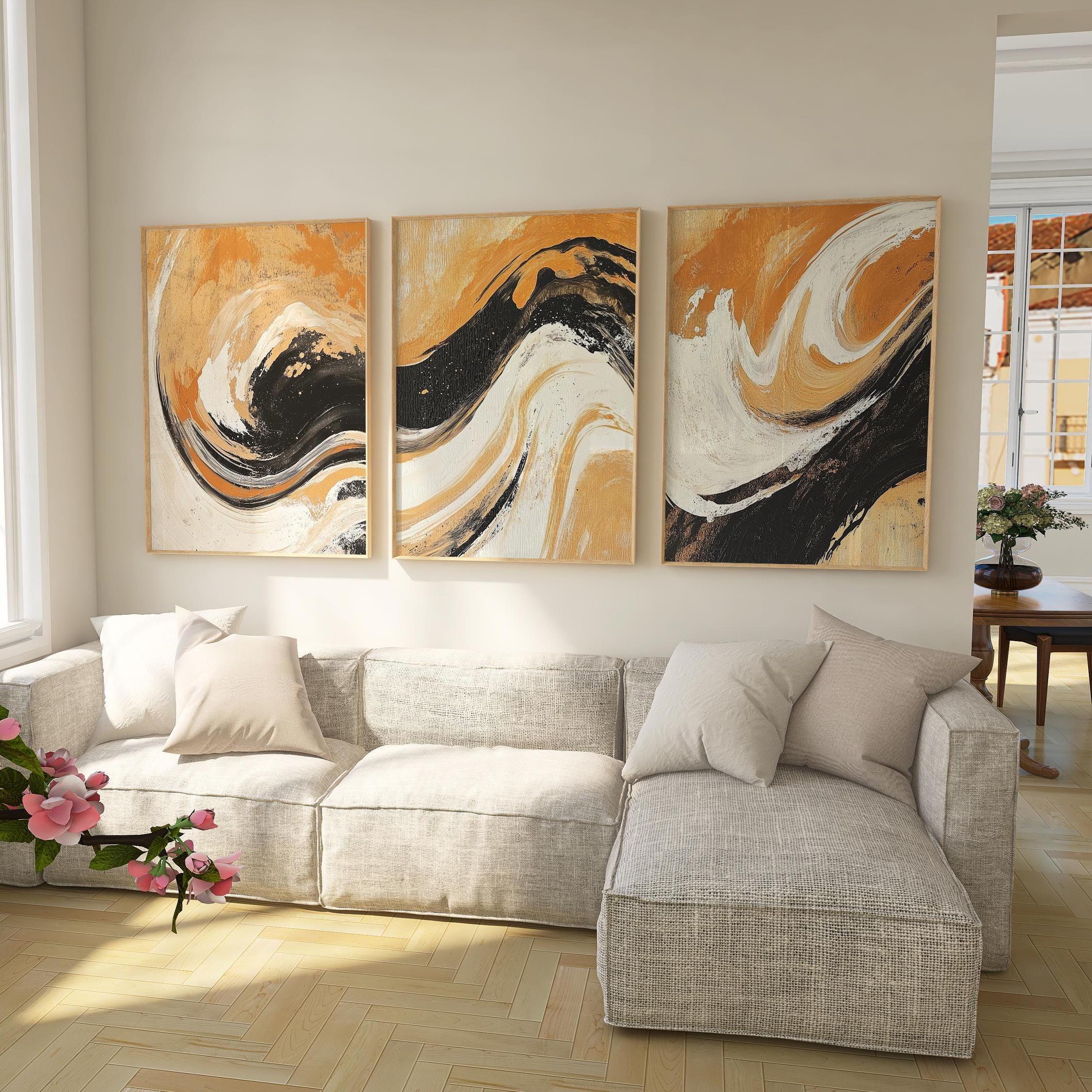 Abstract swirl wall art triptych – black and burnt orange dramatic decor