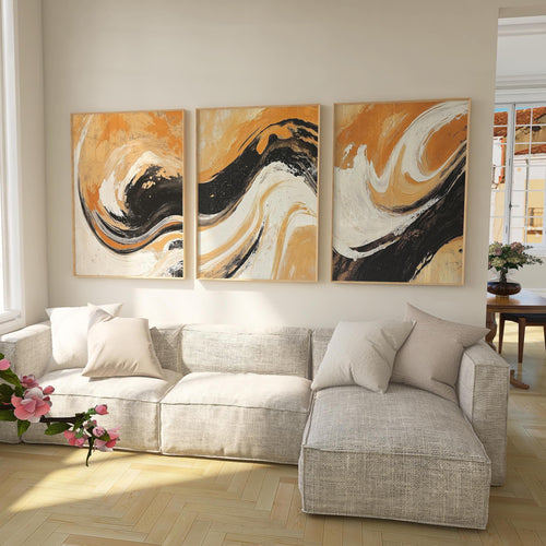 Abstract swirl wall art triptych – black and burnt orange dramatic decor
