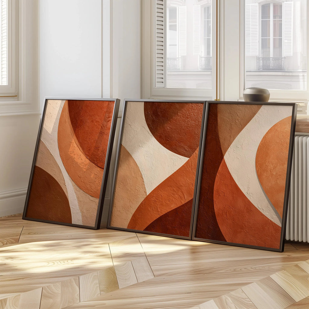 Abstract terracotta wall art set of 3 – warm geometric organic curves decor