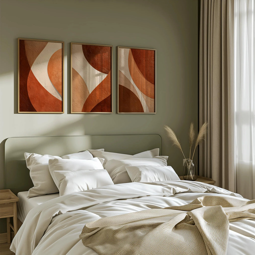 Abstract terracotta wall art set of 3 – warm geometric organic curves decor