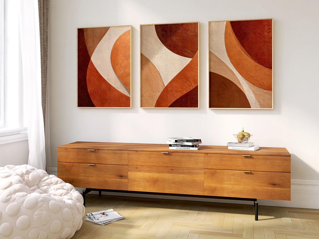 Abstract terracotta wall art set of 3 – warm geometric organic curves decor