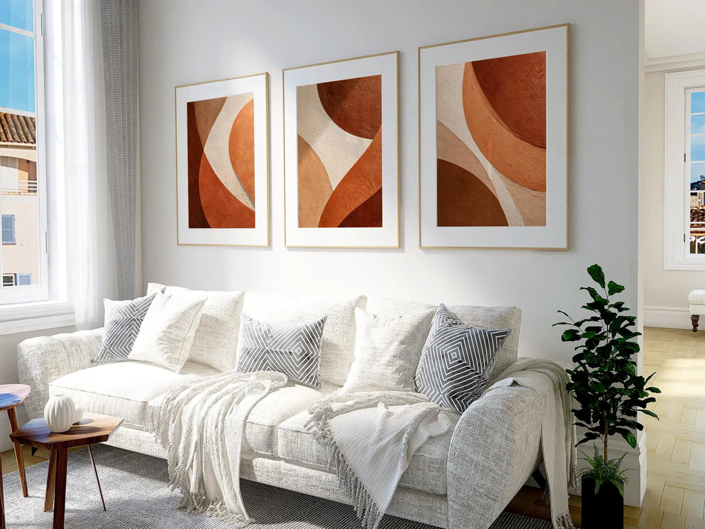Abstract terracotta wall art set of 3 – warm geometric organic curves decor