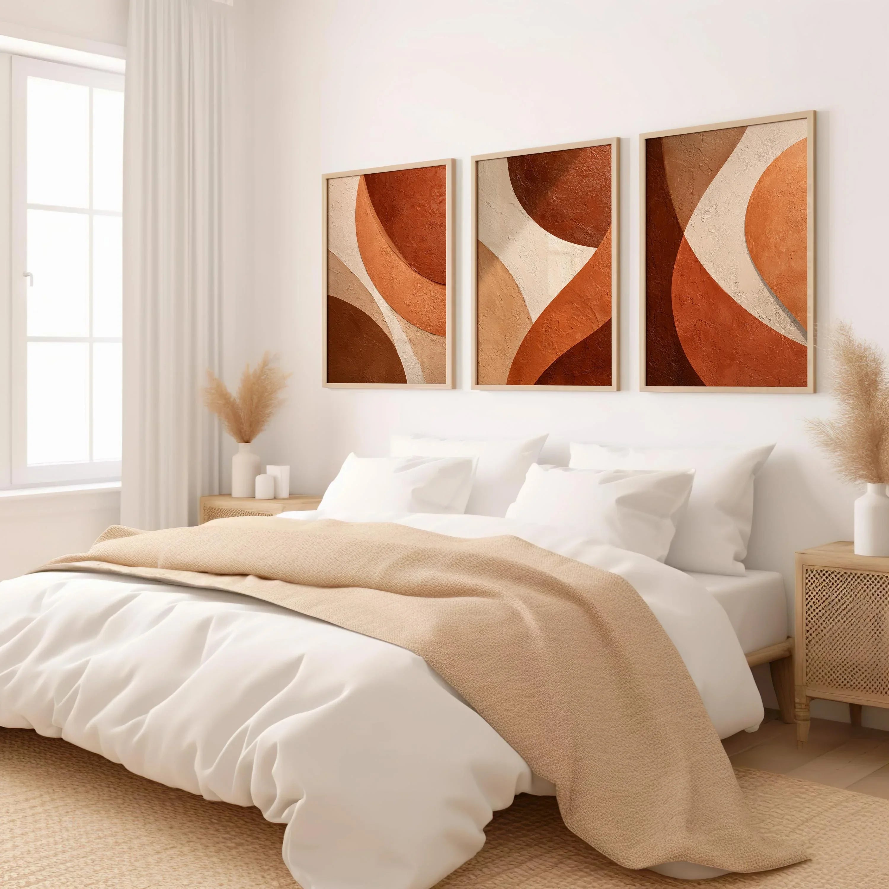 Abstract terracotta wall art set of 3 – warm geometric organic curves decor