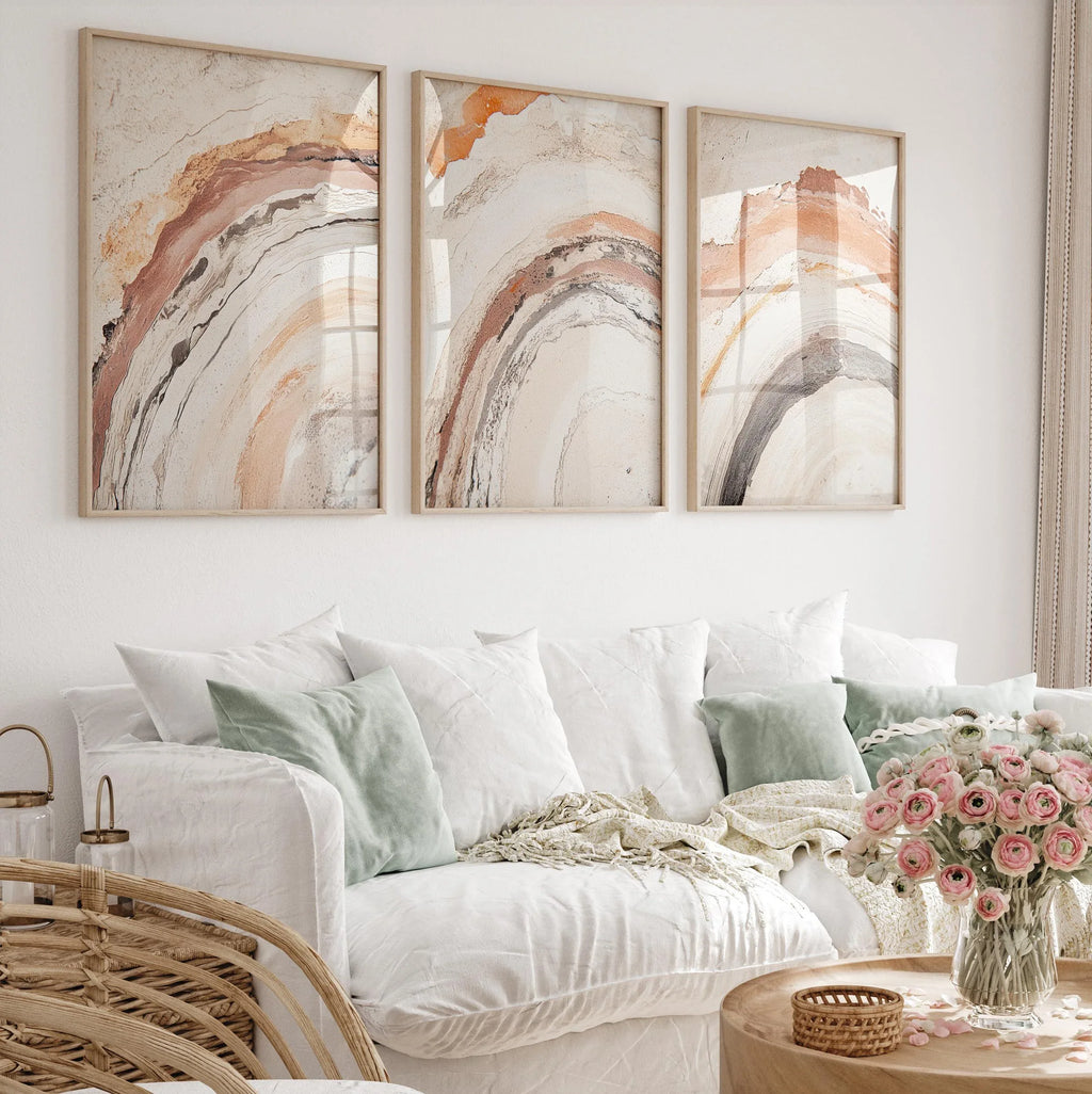 Abstract terracotta beige triptych wall art – textured earth tone arch decor