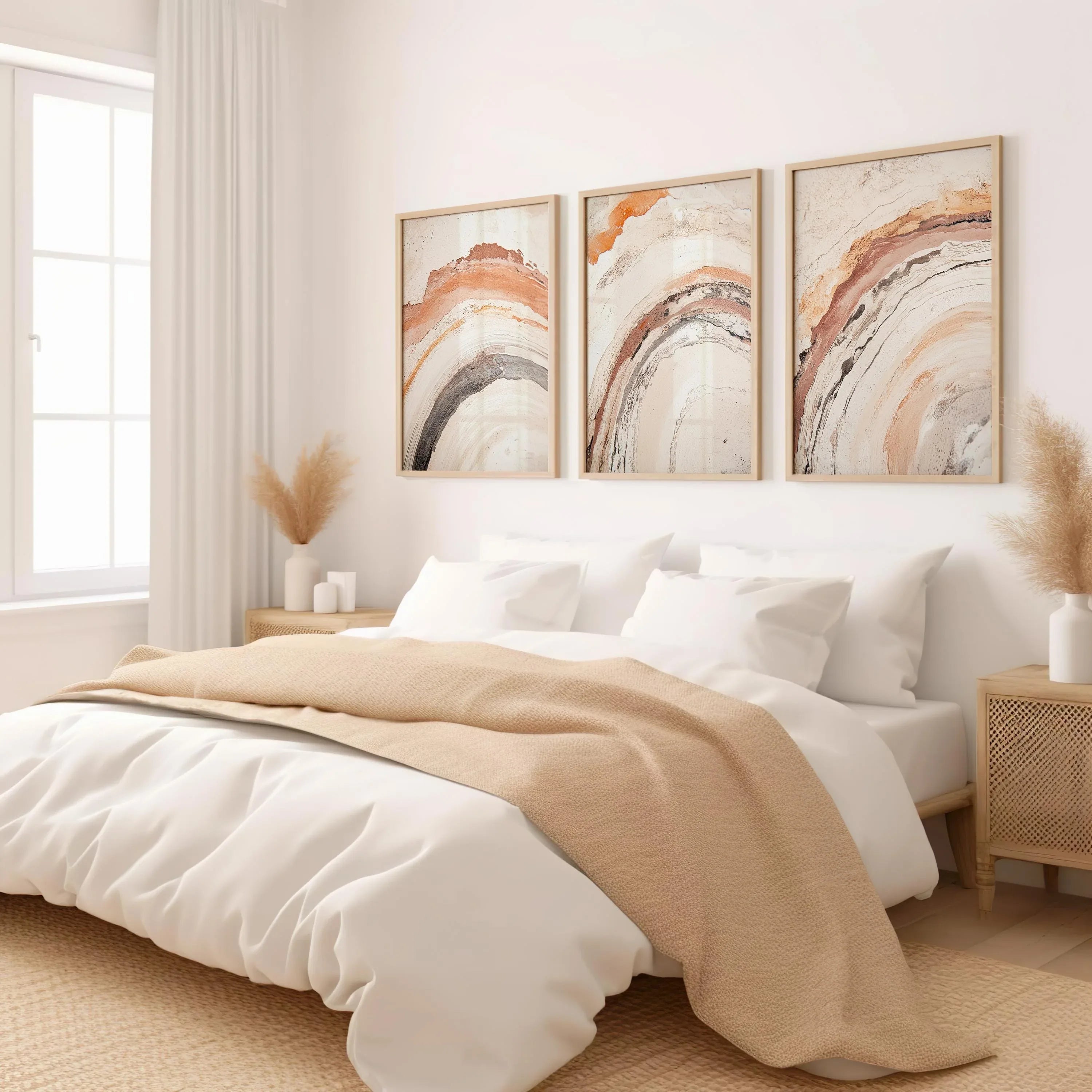 Abstract terracotta beige triptych wall art – textured earth tone arch decor