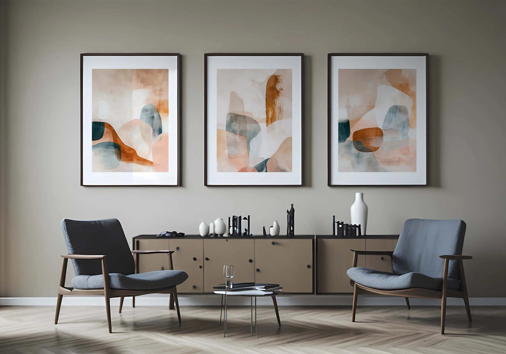 Abstract triptych wall art – neutral earthy tones organic living room decor