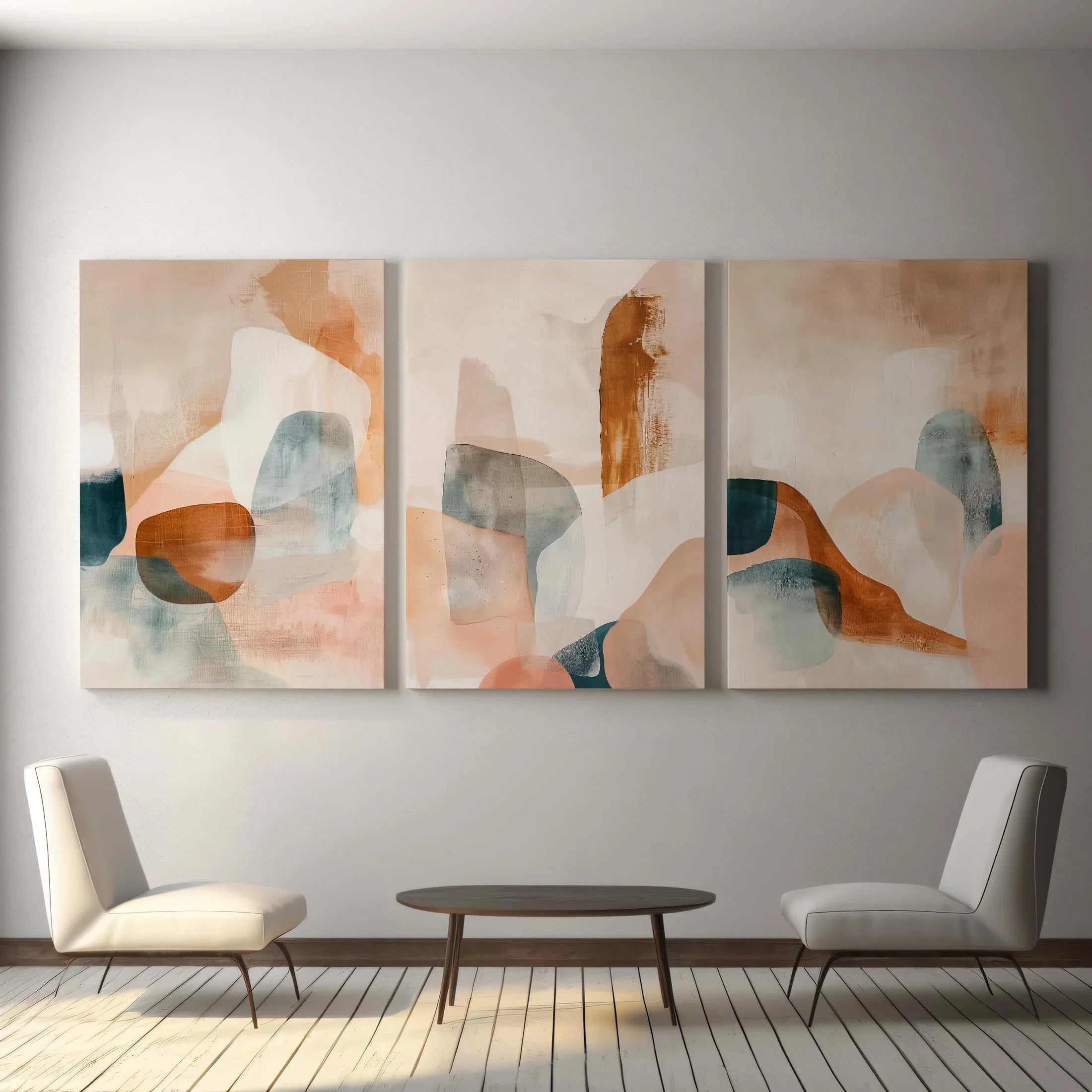 Abstract triptych wall art – neutral earthy tones organic living room decor