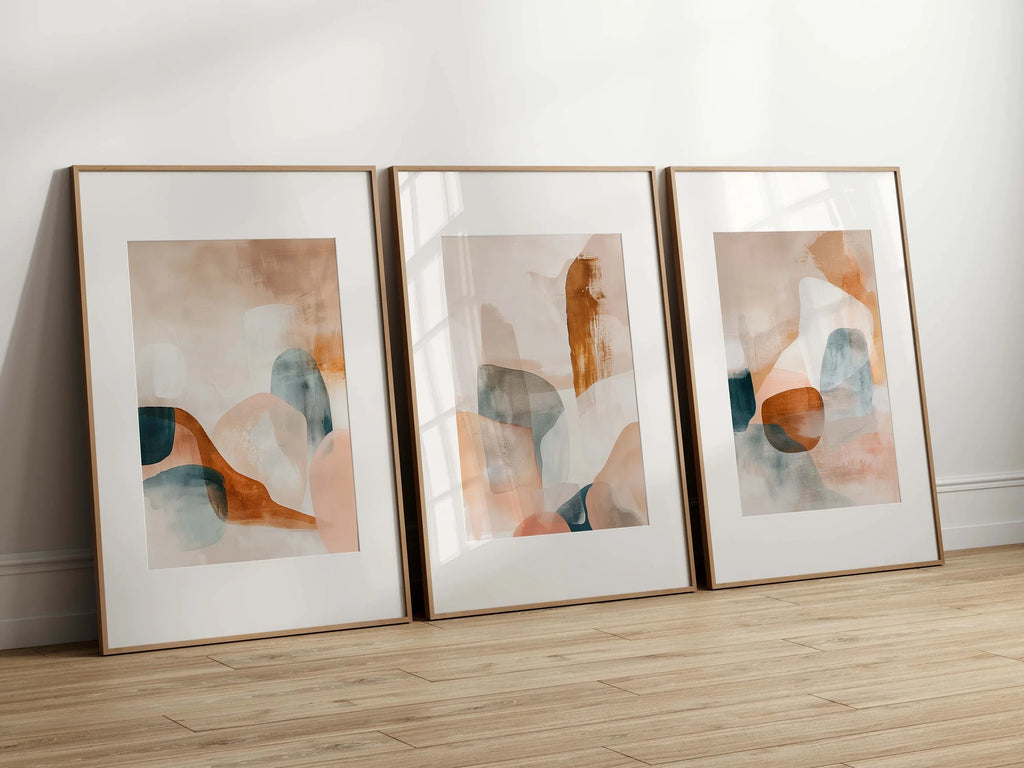 Abstract triptych wall art – neutral earthy tones organic living room decor
